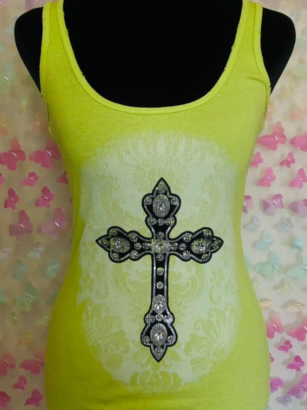 Cute Vintage Yvette Mandell Neon Green Y2K Distressed Tank Top with Rhinestones
